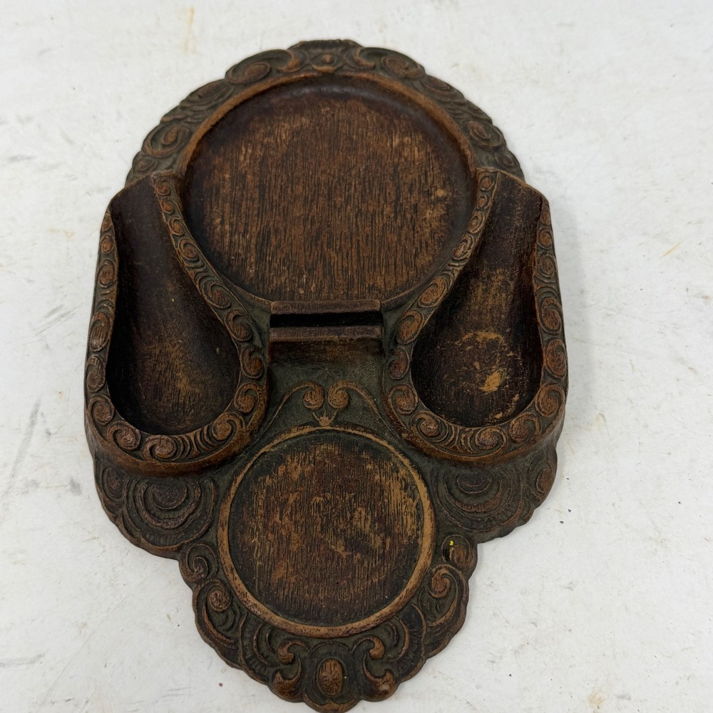 Vintage Carved Wood Smoker's Caddy Pipe Rest Tobacco Stand